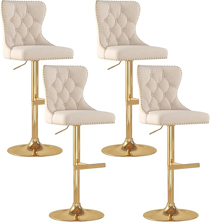 Bar Stools Set of 4, Velvet Swivel Counter Height Stools with Tufted Back, Adjustable Seat with Nailheads Trim, Upholstered Bar Chairs with Gold Base for Kitchen Island, Pub, Beige