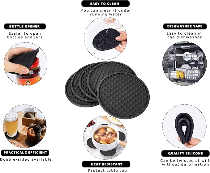 Coasters for Drinks 6 Pcs Drink Plastic Coaster with Holder,Heat Resistant Silicone Cup Mat Tabletop Protection,Non-Slip Rubber Coasters for Kinds of Cups (Black)