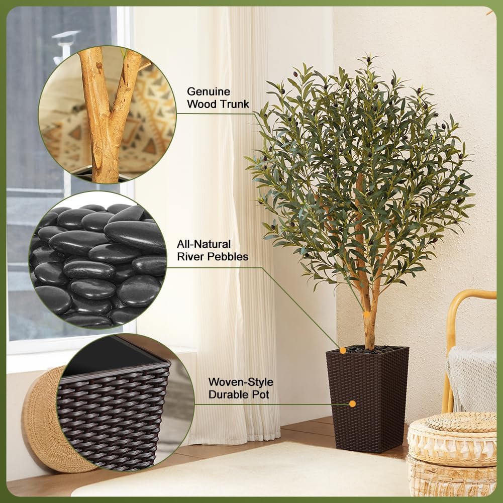 Artificial Olive Tree 5FT, Faux Olive Trees with Real Wood Trunk, UV Resistant Fake Plants in Planter & River Rocks, Indoor Tall Silk Plant for Home Living Room Office Outdoor Decor, VN133