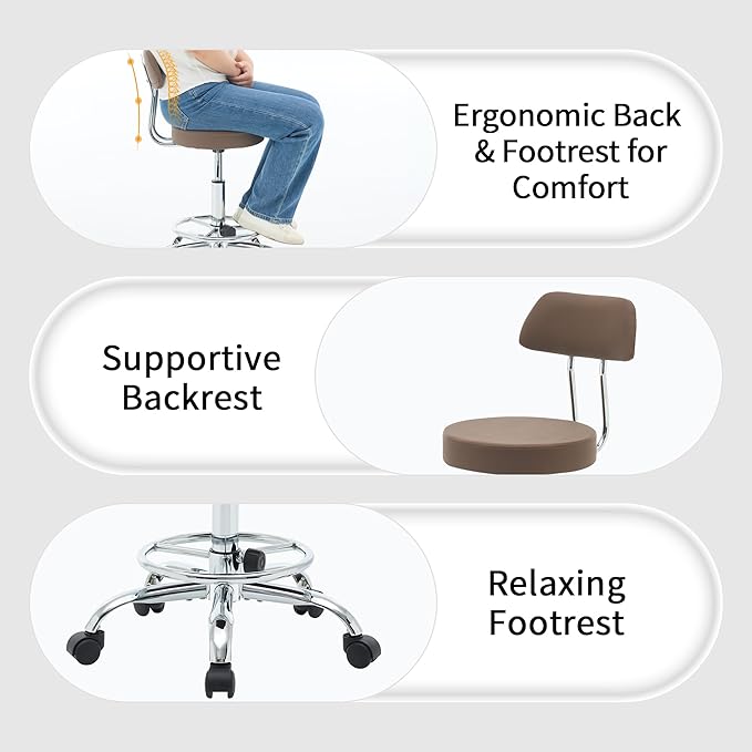 Office Drafting Chair (Rolling Office Stool) (Adjustable Height Footrest Massage Chair 19.5"-26.6") Lab Stool with Back (Coffee Brown)