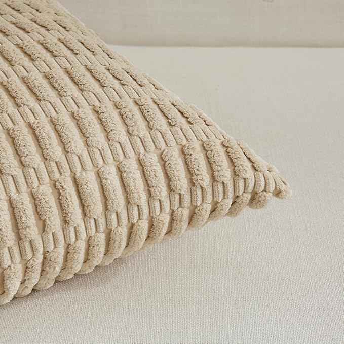 Fancy Homi 4 Packs Tan Decorative Throw Pillow Covers 16x16 Inch for Living Room Couch Bed Sofa, Beige Rustic Farmhouse Boho Home Decor, Soft Plush Striped Corduroy Square Cushion Case 40x40 cm