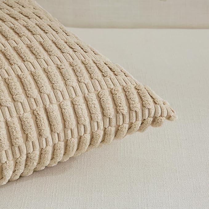 Fancy Homi 2 Packs Tan Decorative Throw Pillow Covers 18x18 Inch for Living Room Couch Bed Sofa, Soft Striped Corduroy Square Cushion Case 45x45 cm, Beige Rustic Farmhouse Boho Home Decor