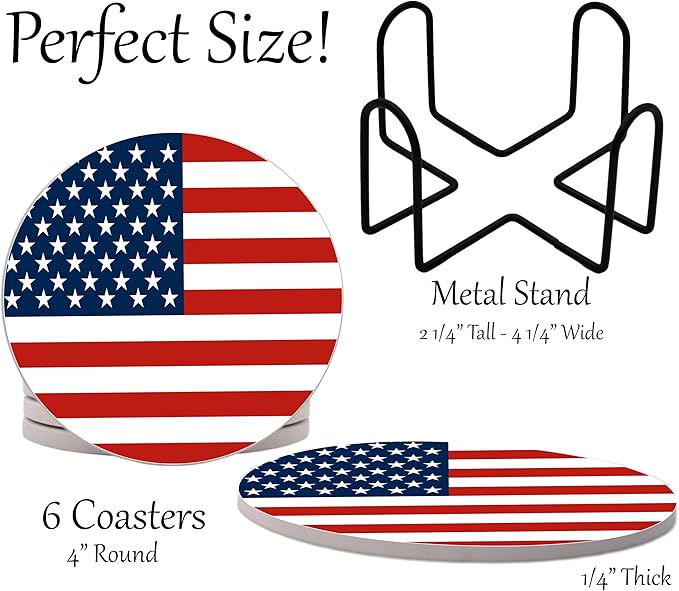 USA American Flag United States Round Coasters Set of 6 - Abosrbent Ceramic with Metal Stand for Drinks, Coffee, Non-Slip Cork Back for Tabletop Protection, 4 Inches (Old Glory)