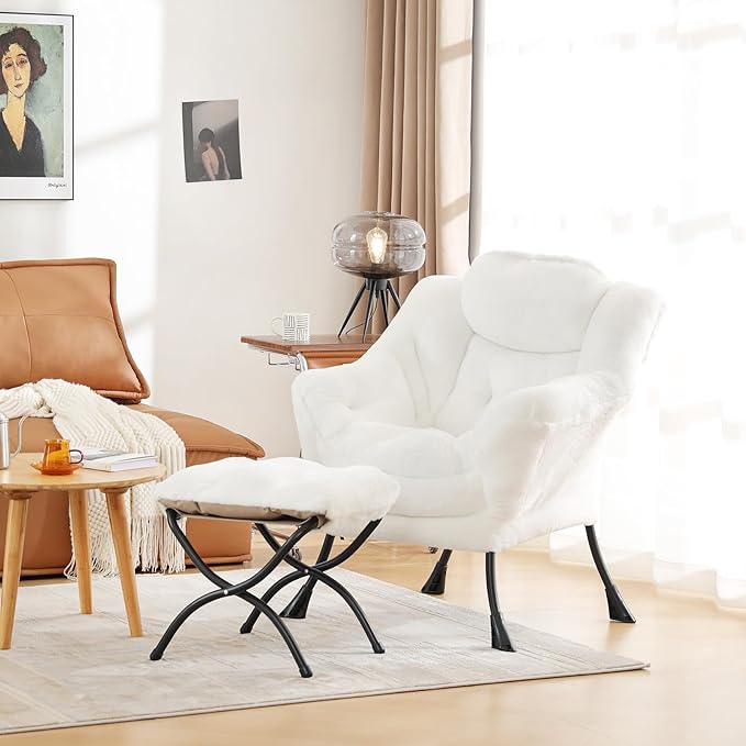 Cozy Lazy Chair and Ottoman, Large Contemporary Accent Lounge Chair Set, Leisure Upholstered Reading Armchair for Bedroom, Living Room, Dorm Rooms, Office
