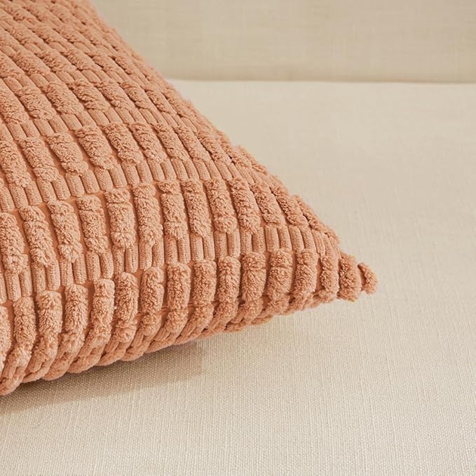 Fancy Homi 2 Packs Peach Farmhouse Decorative Throw Pillow Covers 18x18 Inch for Living Room Couch Bed Sofa, Rustic Boho Home Decor, Soft Striped Corduroy Square Cushion Case 45x45 cm