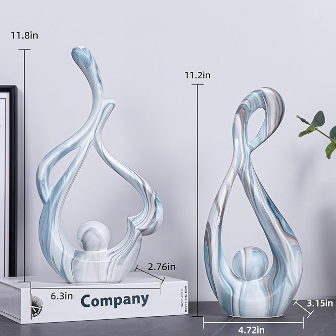 Blue Sculptures Home Decor, Ceramic Statues Coffee Table Decor for Living Room, Centerpiece for Dining Room Table, Shelf, Entry, Modern Minimalist Abstract Art Objects (2pcs)