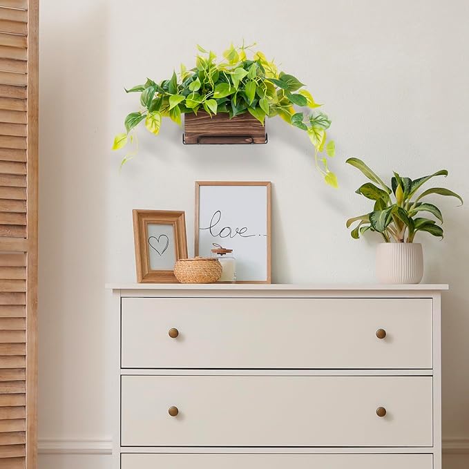 MyGift Vibrant Lifelike Artificial Plant Pothos Leafy Vine Greenery in Burnt Brown Solid Wood Rectangular Planter Box with Black Metal Wire Wall Mounted Shelf