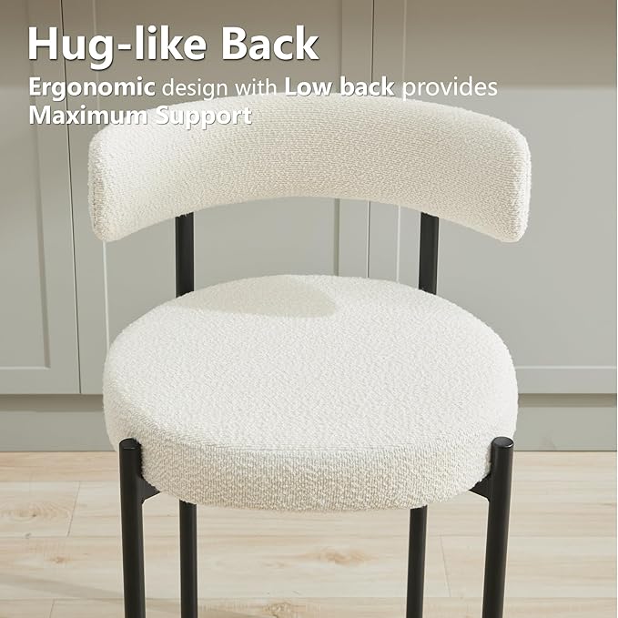 24'' Boucle Bar Stools Set of 3, White Bar Stools with Backs, Counter Height Bar Height Stools for Kitchen Island, Upholstered Bar Chairs