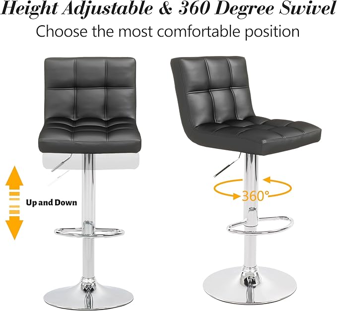 Modern PU Leather Bar Stools Set of 2, Adjustable Swivel Square Bar Chairs, Armless Counter Height Barstools with Back and Large Base for Island/Kitchen(Black)