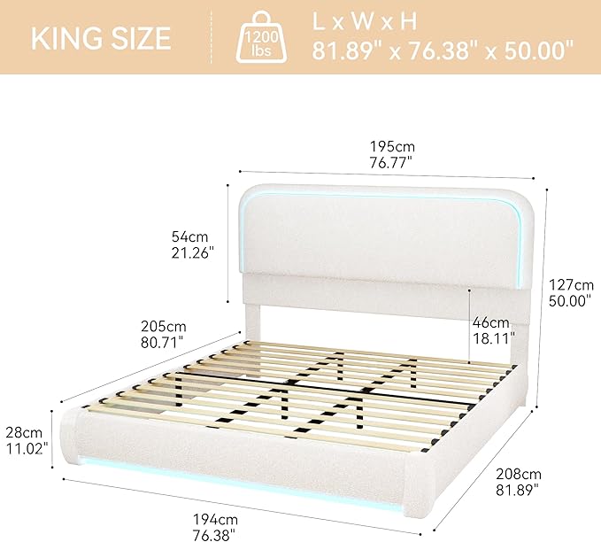 Torana King Marshmallow Bed Frame with Headboard and Footboard, Curved Shaped Cloud Upholstered Beds with LED Lights, Teddy Fleece Bedframe with Soft Rounded Corners and Strong Slats Support, Cream