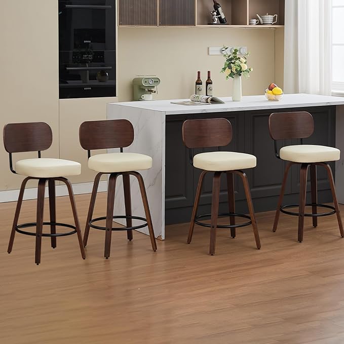 Counter Stools Set of 4, 26 inch Swivel Counter Height Bar Stools with Walnut Back,Upholstered PU Leather, Bentwood Legs, Mid Century Modern Bar Chairs for Kitchen Island, Beige