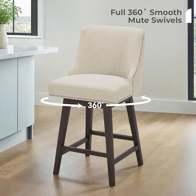 CHITA Counter Height Swivel Bar Stools Set of 2, FSC Certified Upholstered Counter Stools, Modern Swivel Barstools with Wood Legs for Kitchen Island, 26" Seat Height, Fabric in Linen