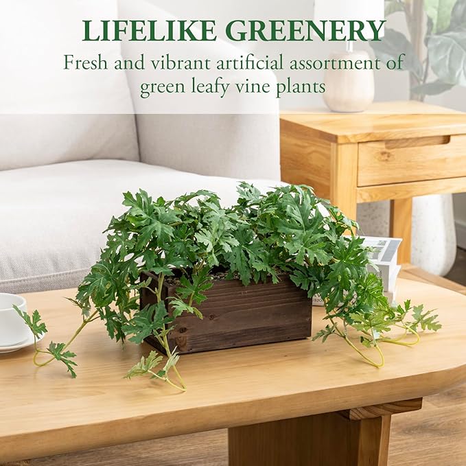 MyGift Vibrant Lifelike Artificial Plant Pelargonium Graveolens Leafy Vine Greenery in Burnt Brown Solid Wood Rectangular Planter Box