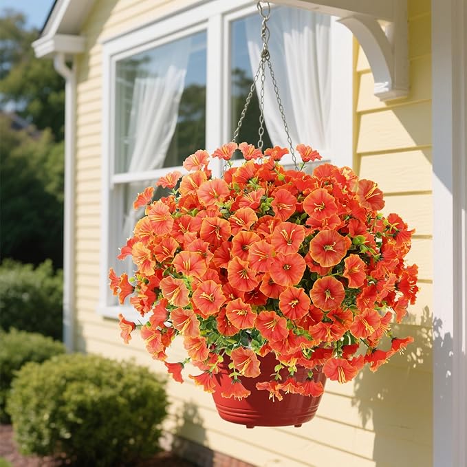 12 Bundles Fall Flowers Artificial for Decoration, Fake Flowers Artificial Plants Outdoor, Colorful Faux Morning Glory Realistic UV Resistant for Garden Patio Porch Home Decor (Orange)