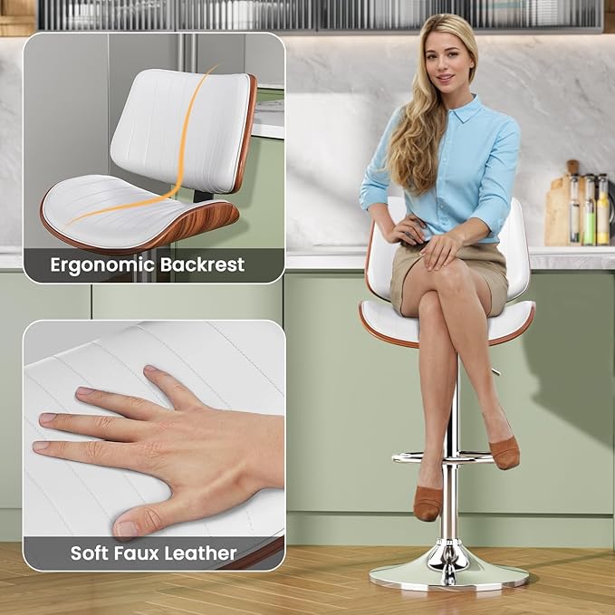 Swivel Bar Stools Set of 4, Adjustable Bentwood Barstools for Kitchen Counter, Modern PU Leather Upholstered Bar Chair with Back and Footrest, for Kitchen Island, Bar, Dining Room, White