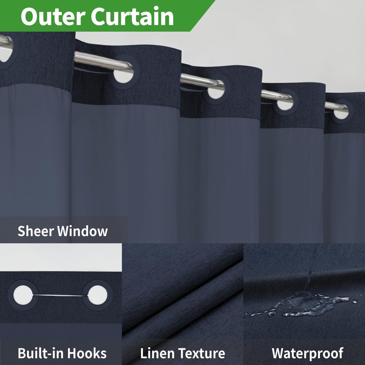 No Hooks Needed Linen Textured Shower Curtain with Snap-in Fabric Liner Set,Hotel Luxury Decor Waterproof Shower Curtains for Bathroom with Mesh Top Window,Washable,71Wx74H,Navy Blue