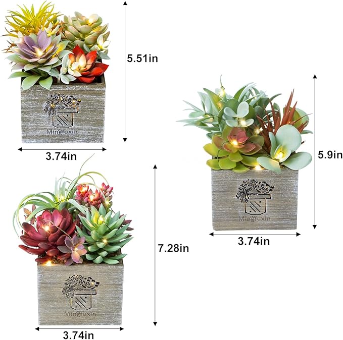 Mingfuxin Succulents Plants Artificial with Light, Small Fake Plants in Pots for Home Decor, Potted Decorative Succulents Plants for Table Desk Bathroom Office Room Decor