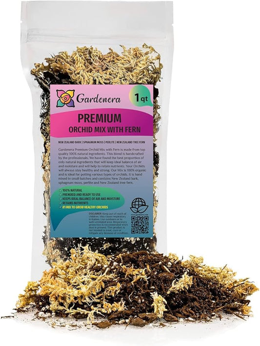 Premium Orchid Mix by GARDENERA | Fern + New Zealand Pine Bark + Sphagnum Moss + Perlite | Best for Growing and Repotting Orchids - 1 Quart Bag