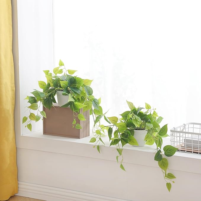 Tiita 2 Pack Fake Plants Artificial Scindapsus Aureus in Pots, Realistic Fake Greenery Potted Plants for Home Office Desk Window Sill Bathroom Bedroom Outdoor Indoor