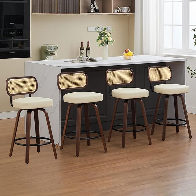 Swivel Counter Height Bar Stools Set of 4, 26 inch Bar Chairs with Curved Rattan Back, Upholstered PU Leather, Walnut Craftsmanship, Mid Century Modern Counter Stools for Kitchen Counter, Beige