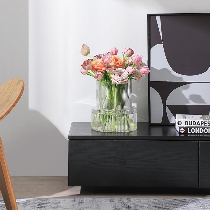 Ribbed Glass Vase, Large Glass Vase for Flowers, Fluted Glass Vases, Clear Glass Vases for Living Room, Office, Dining Table, Entryway, Mantle, Shelf, Wedding, 9 Inches