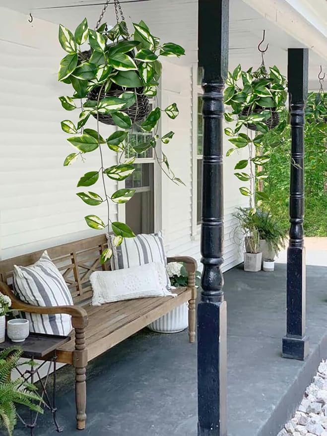 Oairse Artificial Hanging Plants Fake Hanging Plants with Pots Faux Golden Pothos N‘ Joy Potted Plant Wall Plant with Basket Pot for Wall Shelves Bedroom Bathroom Indoor Outdoor