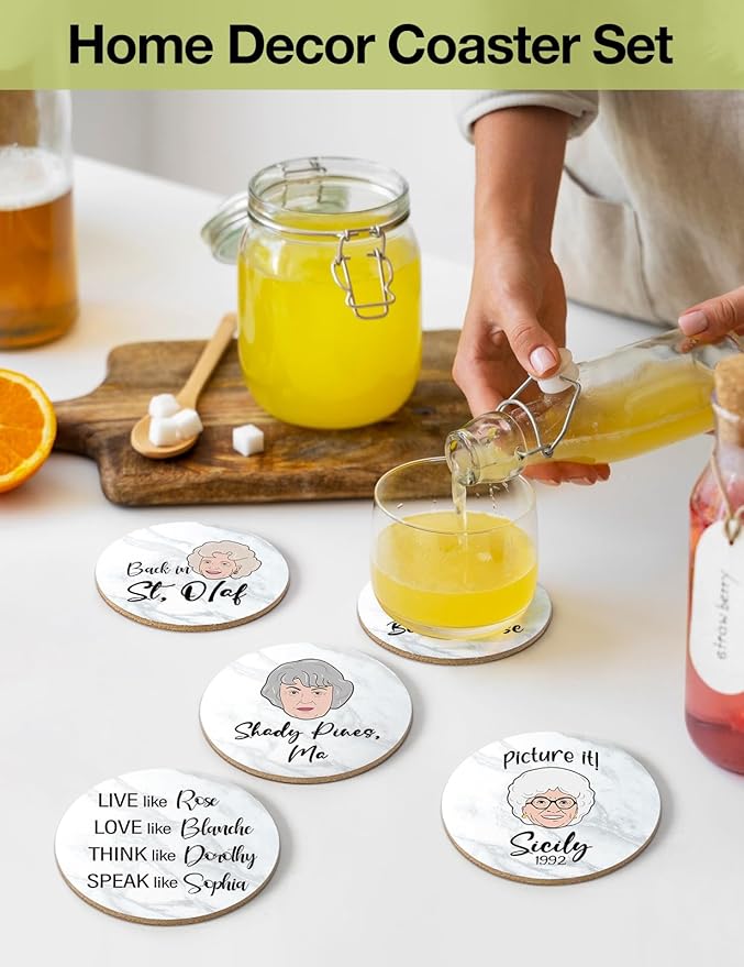 Funny Golden Girls Coasters for Drinks Set of 6 with Holder, Cork Coasters for Coffee Table, Golden Girls Gifts for Women Fans Housewarming Gifts