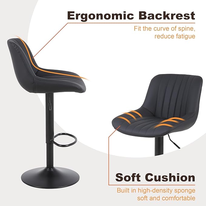 Bar Stools Set of 3, Swivel Counter Height Barstools with Back, Adjustable PU Leather Bar Chairs, Modern Armless Kitchen Island Stool, Black