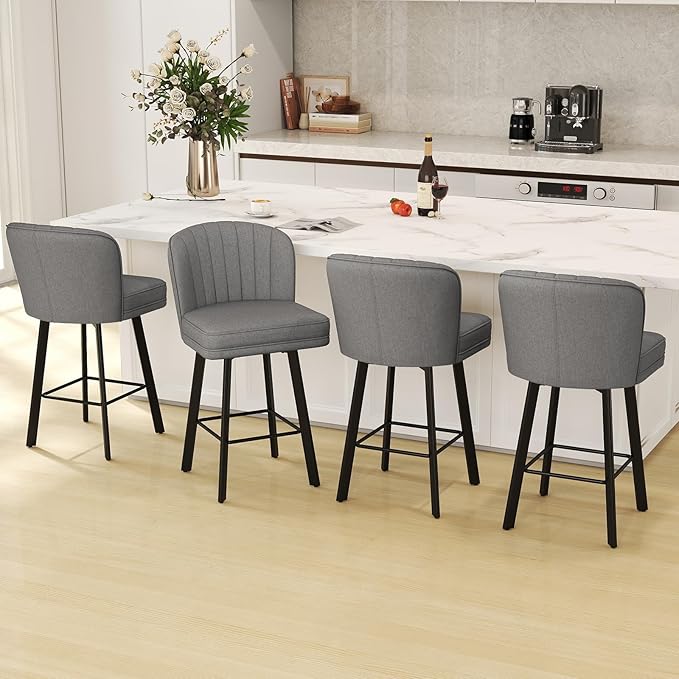 Swivel Counter Height Bar Stools Set of 3, 26'' Modern Barstools with Backs and Metal Legs, Upholstered Bar Chairs,Mid-Gray,Fabric Stools for Kitchen Island Chairs