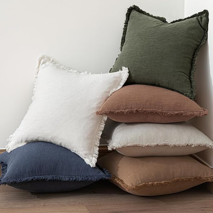 MIULEE Decorative Throw Pillow Covers Neutral Linen Fringe Throw Pillows Set of 2 Rifle Green Boho Farmhouse Cushion Covers with Tassels for Couch Sofa Bed Living Room Spring Home Decor 18x18 Inch