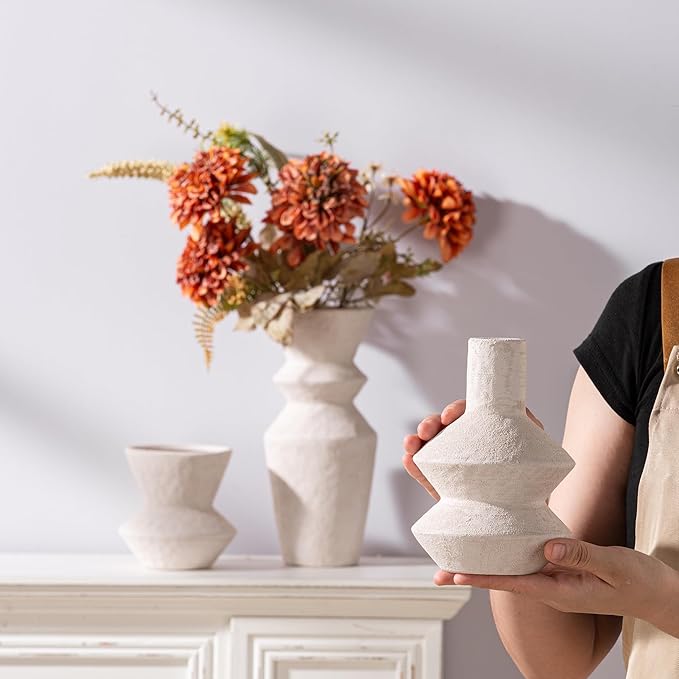 Ceramic Vase Home Table Decor - White Flower Vase Set of 3 Living Room Kitchen Decorations Farmhouse Modern Rustic Vases Decorative Centerpiece for Shelf Bedroom Office Bathroom Dining Coffee Desk