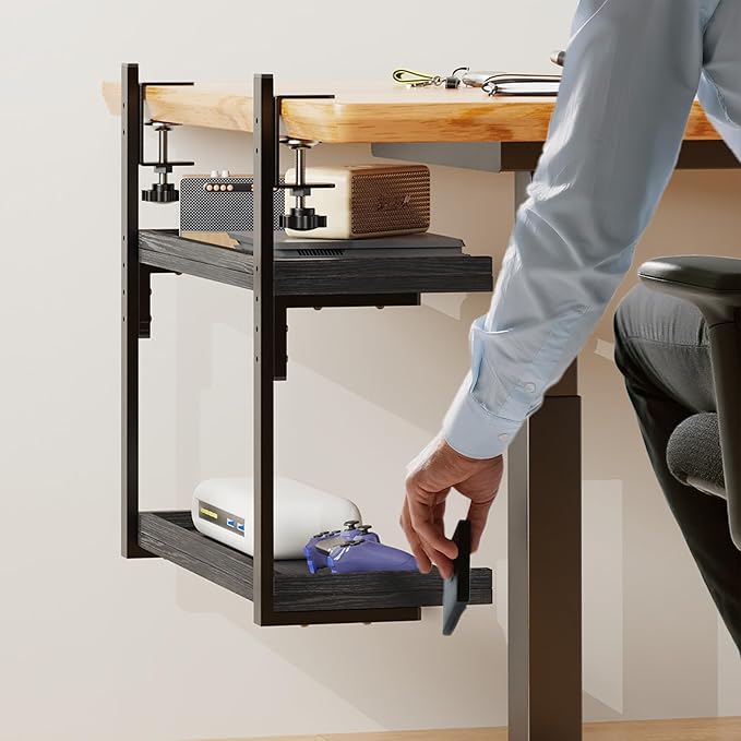 Clamp On Desk Shelf 2-Tier, 16.5 in Wood Shelving Unit for Office Desk/Gaming Accessories, Tabletop Book Storage Rack, Shelf for Top of Desk, Black