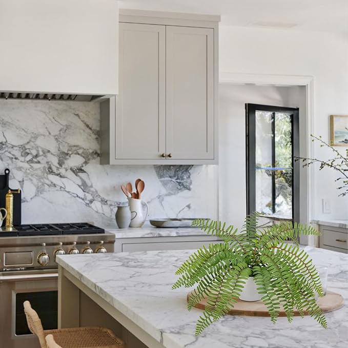 Hollyone Artificial Fern Potted Plant for Outdoors Indoors Lifelike Faux Boston Fern Artificial Plants in White Pot for Garden Patio Home Farmhouse Windowsill Office Decoration