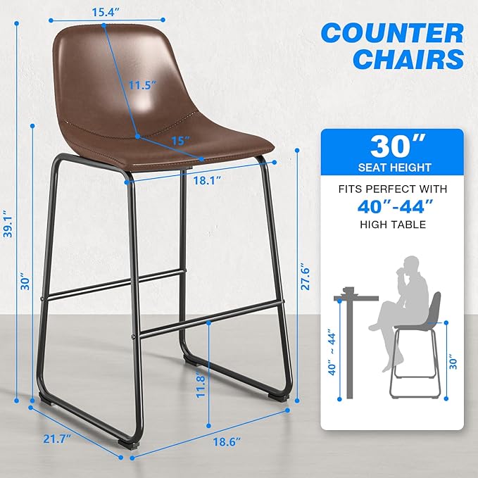 Rfiver Pu Faux Leather Bar Stools Set of 2, Industrial Pub Barstools with Back and Footrest, Modern Armless Bar Height Stool Chairs (Brown, 30" Barstool x2)
