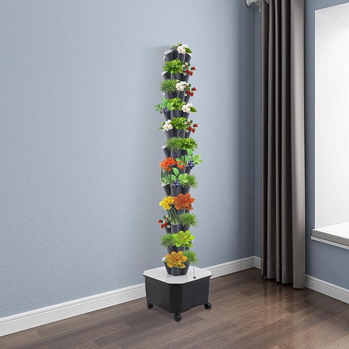 12-Tier Hydroponic Growing Tower, 60-Plant Indoor Gardening System w/Automatic Water Circulation, Vertical Aeroponic Tower Garden for Herbs, Vegetables, Fruits (Grey, 60-Plants)