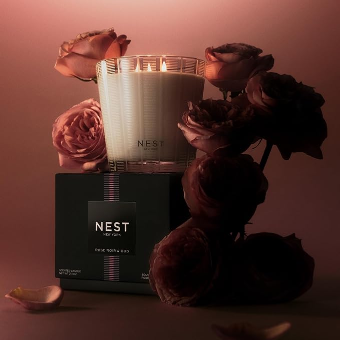NEST New York Scented 3-Wick Candle, Rose Noir & Oud - 21.2 oz - Up to 100-Hour Burn Time - Reusable Glass Vessel