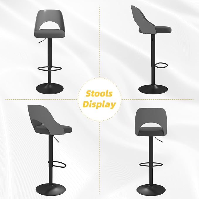 civama Bar Stools Set of 2 for Kitchen Counter, Seat Height Adjustable 25''-33'', Modern Upholstered Swivel Island Chairs with Hollow Backrest Metal Base, Grey