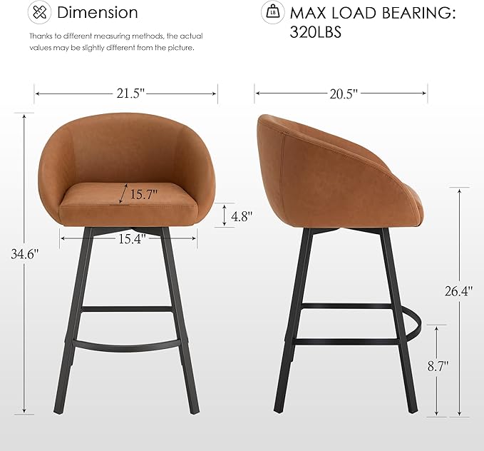 Zesthouse Swivel Counter Height Stools Set of 2, Modern Bar Stools for Kitchen Island, 26" Upholstered Kitchen Counter Height Barstools with Barrel Arms & Backs, Brown Faux Leather Bar Chairs