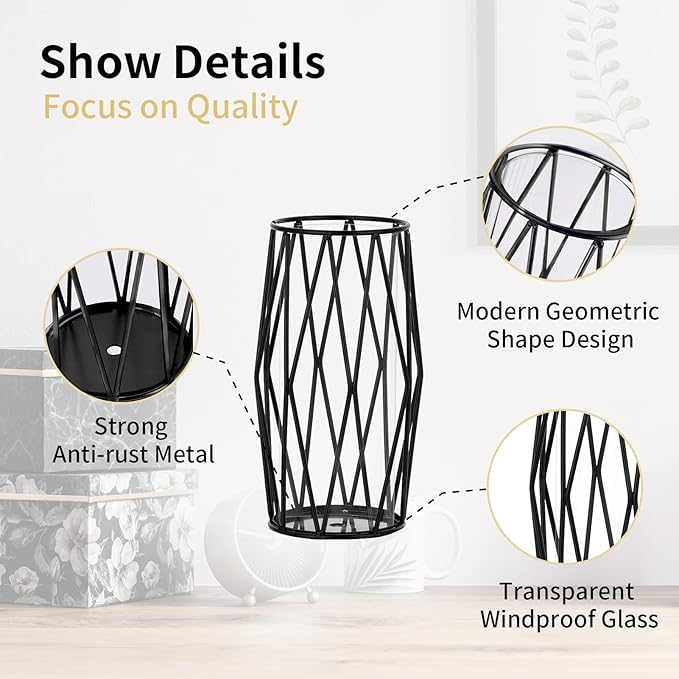 Nuptio Glass Candle Holder for Pillar Candles Black Pillar Candle Holders Geometric Metal Candle Stand Small Hurricane Candleholder Flower Vase for Office Dining Living Room Bar Cafe