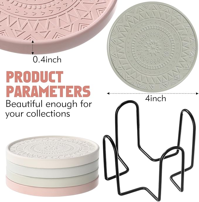 Photect Diatomaceous Earth Coasters Set with Holder Absorbent Stone Drink Coasters Instant Drying Tray for Tabletop Protection Home Decoration Housewarming Gift(Mint,4 Pcs)