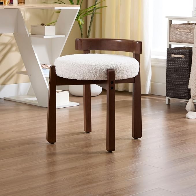 LukeAlon Cute Sherpa Upholstered Vanity Stool, Round Comfy Boucle Makeup Stool with Wooden Legs Small Ottoman Chair Modern Padded Seat Foot Rest for Makeup Room Cloakroom Bedroom, White