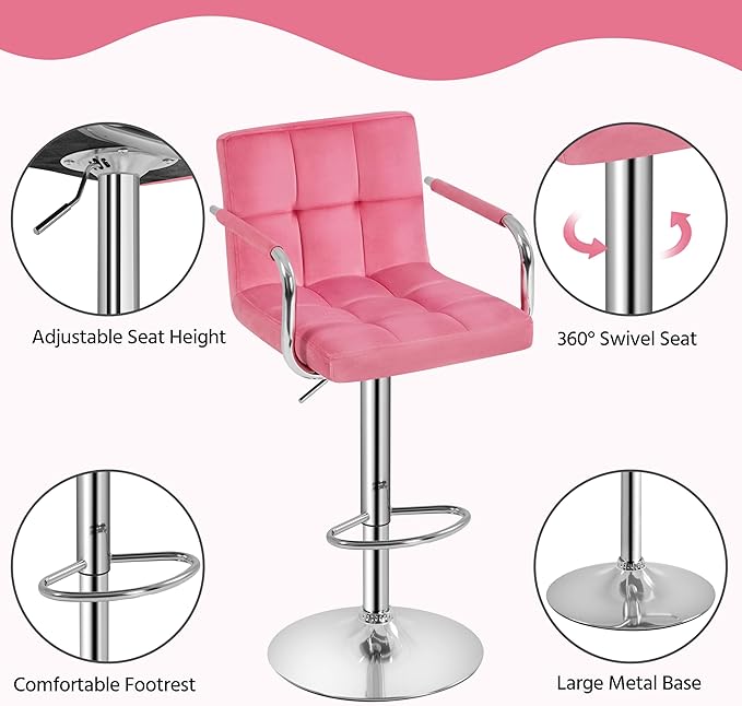 Yaheetech Bar Stools Set of 2, Adjustable Velvet Fabric Swivel Barstools, Modern Counter Stools with Back and Footrest, Counter Height Barstools for Bar, Kitchen, Dining Room, Pink