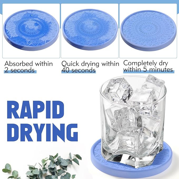 Photect Diatomaceous Earth Coasters Set with Holder Absorbent Stone Drink Coasters Instant Drying Tray for Tabletop Protection Home Decoration Housewarming Gift(Blue,6 Pcs)