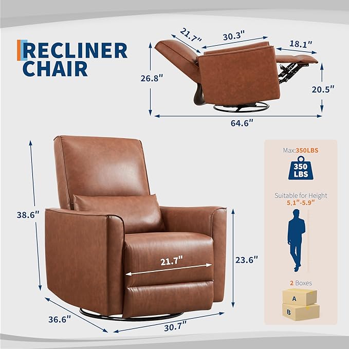 GarveeHome Recliner Chair, 360° Swivel Rocker Glider Nursery Chair with Padded Armrest and Deep Seat, PU Leather Upholstered Reclining Sofa Chair for Living Room, Bedroom and Nursery (Brown)