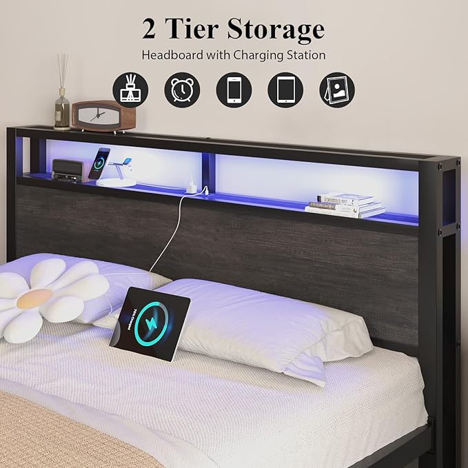 King Size Platform Bed with 2-Tier Storage Headboard, Metal Bed Frame with Charging Station & LED Light, Heavy Duty Metal Slats, No Box Spring Need, Noise Free, Grey