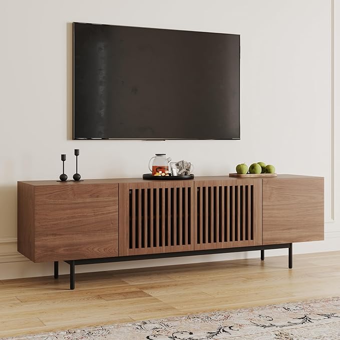POVISON Full Assembled Mid-Century Modern TV Stand with Slatted Doors, Wood Media Console for 65-75 Inch TV, TV Console with Tall-cast Metal Legs, Entertainment Center with Storage for Living Room