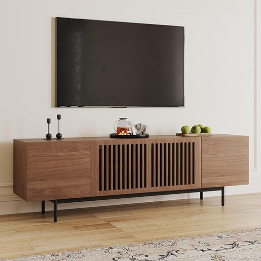 POVISON Full Assembled Mid-Century Modern TV Stand with Slatted Doors, Wood Media Console for 65-75 Inch TV, TV Console with Tall-cast Metal Legs, Entertainment Center with Storage for Living Room