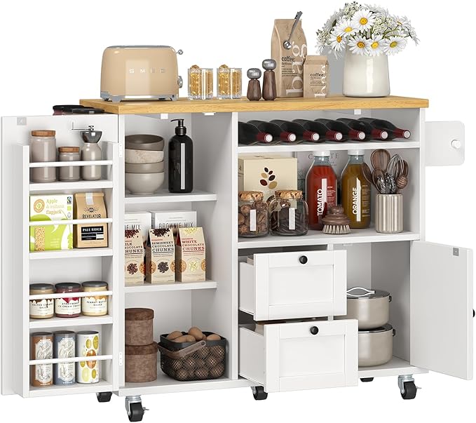 Rolling Kitchen Island with Storage Cabinet, 41.3'' Width Kitchen Cart with Desktop Drop Leaf Countertop, Portable Mobile Kitchen Island with Towel Rack, Spice Rack Shelf and Lockable Wheels, White
