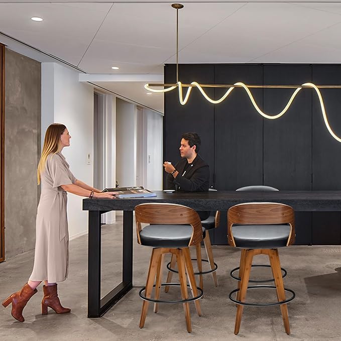 Barstools Set of 2,Counter Height Bar Stools for Kitchen Island,26.8 Inch Modern Upholstered Bar Chair, Swivel Counter Stools with Wood Back and Bamboo Legs (Black-PU)