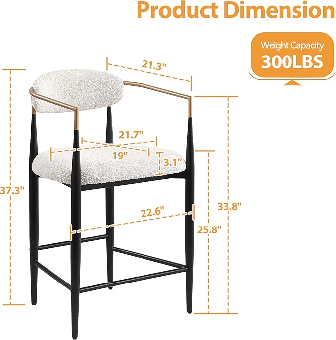 Morden Fort Counter Height Bar Stools Set of 2, Modern Upholstered Counter Stools with Gold Arms and Black Metal Legs, 26" Island Chairs for Kitchen and Home Bar